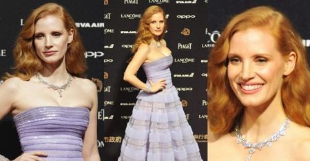 Jessica Chastain w falbanach na gali w Chinach
