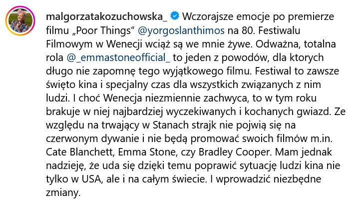 Małgorzata Kożuchowska dzieli się wrażeniami z Wenecji 
