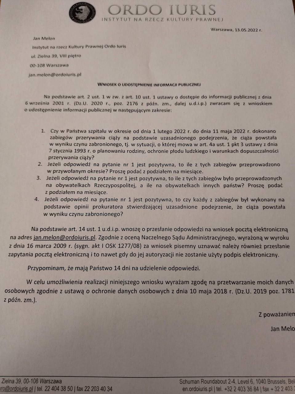 Ordo Iuris wysłało pismo do jednego ze szpitali z zapytaniem o ilość wykonywanych aborcji ciąż z gwałtów