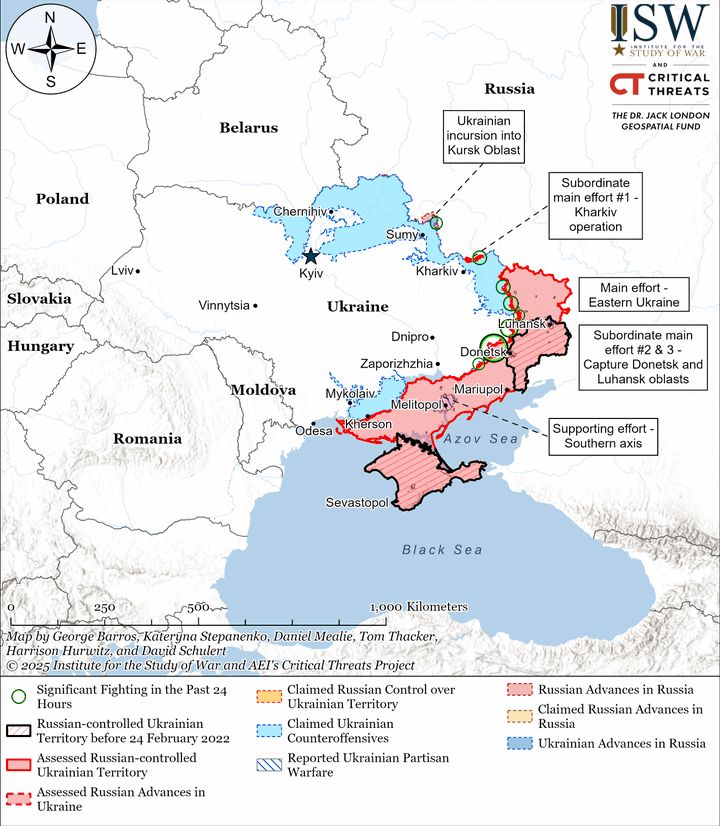 Mapa frontu w Ukrainie. Punkt koło miasta Sumy  to teren na wymianę z Rosją