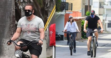 Zamaskowany Arnold Schwarzenegger przemierza rowerem ulice Santa Monica w towarzystwie ciężarnej córki i Chrisa Pratta (ZDJĘCIA)