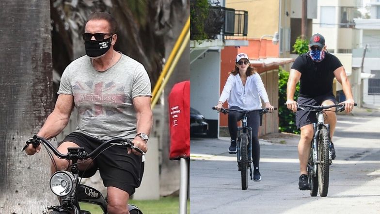 Zamaskowany Arnold Schwarzenegger przemierza rowerem ulice Santa Monica w towarzystwie ciężarnej córki i Chrisa Pratta (ZDJĘCIA)