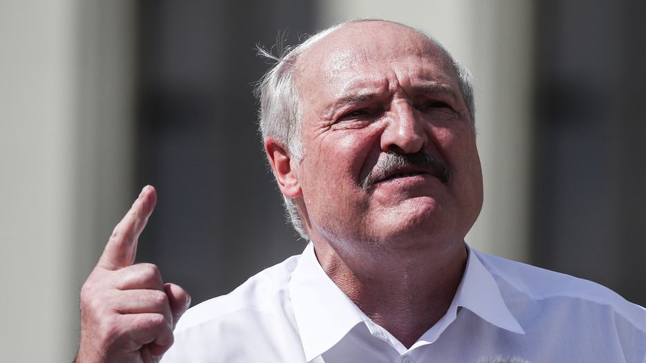 MINSK, BELARUS - AUGUST 16, 2020: Belarus' President Alexander Lukashenko gestures as he gives a speech during a rally of his supporters in Independence Square. Following the announcement of the election results on 9 August, mass protests have been held in Minsk and other cities across Belarus. Valery Sharifulin/TASS (Photo by Valery Sharifulin\TASS via Getty Images)