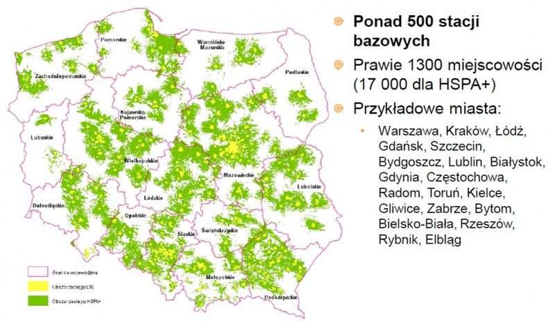 Zasięg Internetu LTE zaznaczono na żółto, HSPA+ na zielono