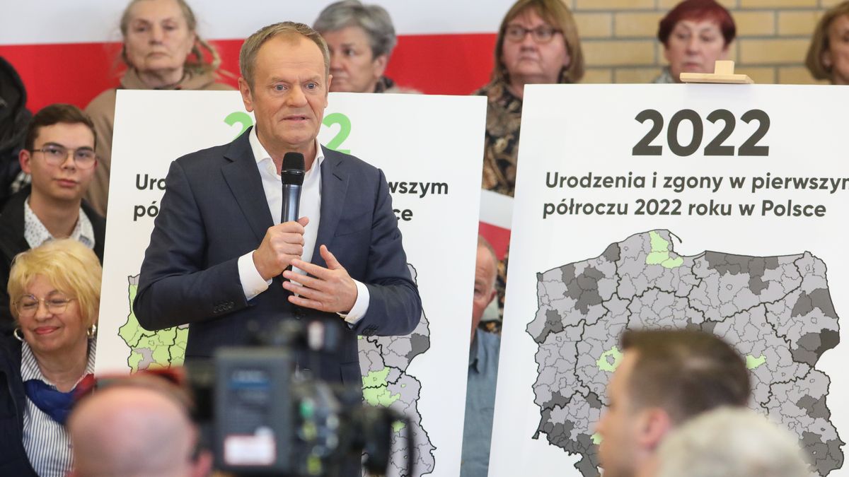 Kleosin, 20.04.2023. Przewodniczący Platformy Obywatelskiej Donald Tusk przemawia podczas spotkania z mieszkańcami w Kleosinie, 20 bm. w ramach akcji #TuJestPrzyszłość. (sko) PAP/Artur Reszko