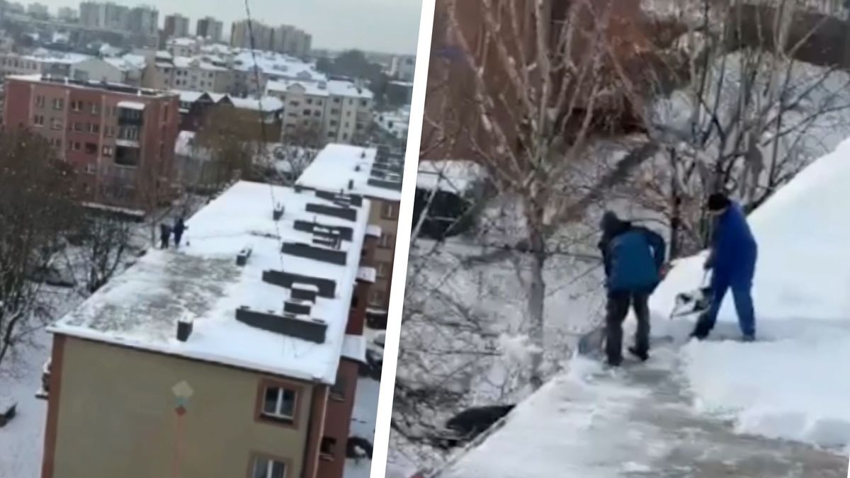 gliwice, śnieg, zima, niebezpieczeństwo Odśnieżali dach bez zabezpieczeń. Nagranie z Gliwic rozgrzało internautów