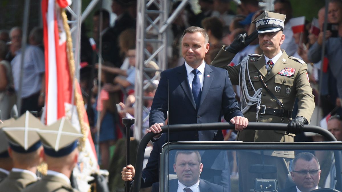 President of Poland, Andrzej Duda, and Lieutenant General, Rajmund Andrzejczak, Chief of the General Staff of the Polish Army, open a military parade in Katowice, on August 15, 2019, on Armed Forces Day. 
Over 2,600 soldiers of the Polish Army take part in the military parade on the Polish Army Day to commemorate the 99th anniversary of the Battle of Warsaw and the 100th anniversary of the outbreak of the First Silesian Uprising.
On Thursday, August 15, 2019, in Katowice, Silesia Province, Poland. (Photo by Artur Widak/NurPhoto via Getty Images)