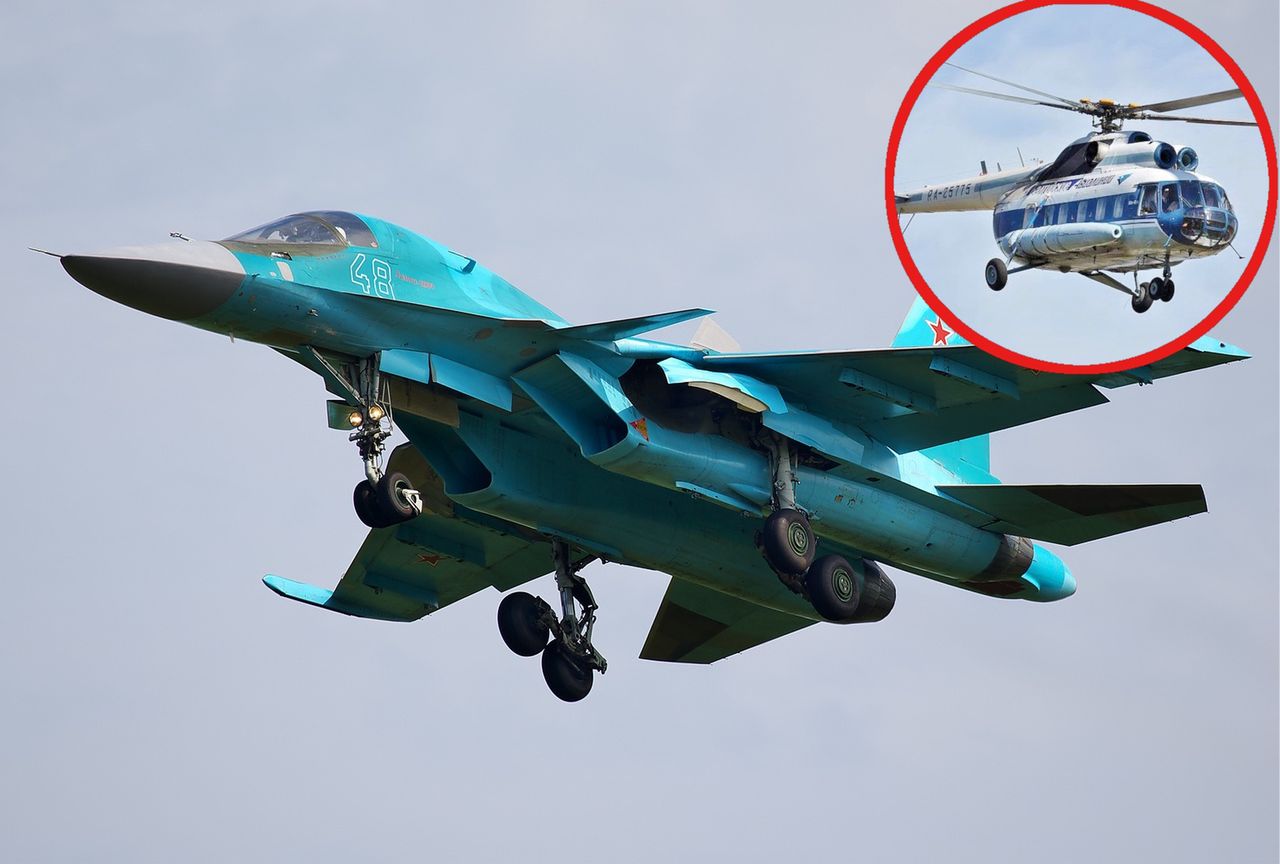 Myśliwiec Su-34. Obok w ramce śmigłowiec Mi-8. Zdjęcia poglądowe
