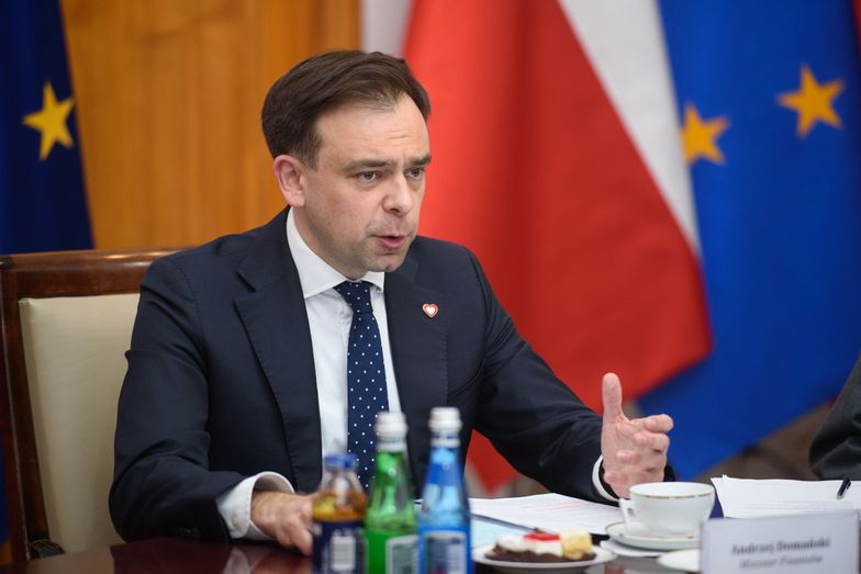 Polish Finance Minister Andrzej Domanski speaks as he takes part in a meeting with Polish Prime Minister Donald Tusk, Minister of Industry Marzena Czarnecka, Minister of Economic Development and Technology Krzysztof Paszyk and the representatives of the automotive industry in Warsaw, Poland on April 8, 2025. Polish Prime Minister Donald Tusk met with automotive industry representatives following US president Donald Trump Tariffs imposed on US trading partners, amongst them the European Union.