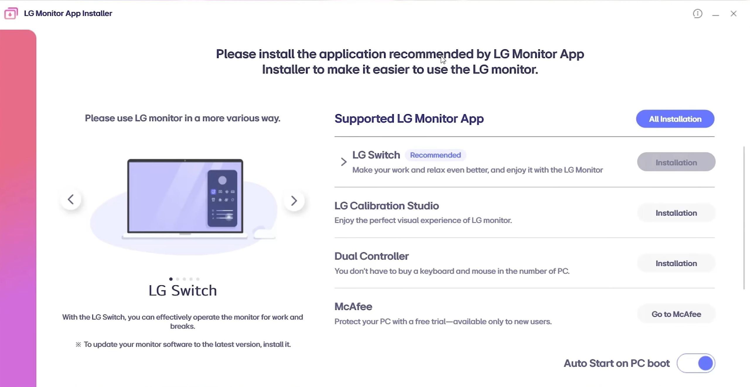 Aplikacja LG Monitor app wyświetla opcję instalacji McAfee