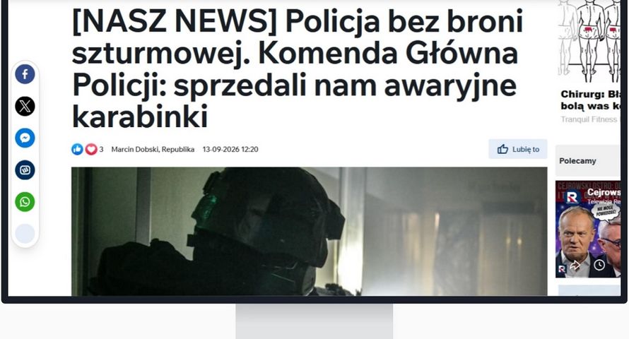 Policja reaguje na tekst Republiki o braku karabinków. Dziennikarz: za nieścisłości przepraszam