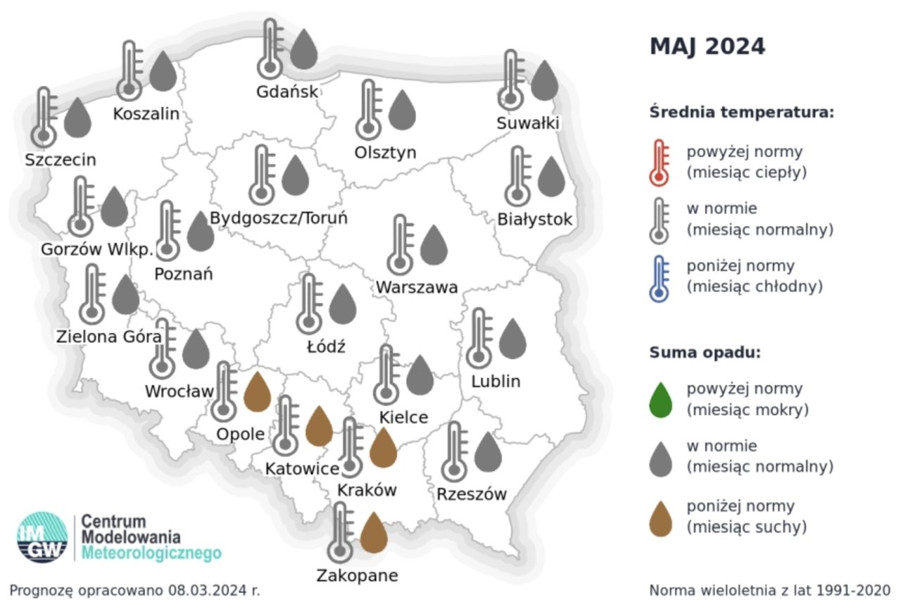 Prognoza średniej miesięcznej temperatury powietrza i miesięcznej sumy opadów atmosferycznych na maj 2024 r. dla wybranych miast w Polsce