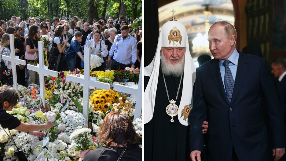 Pogrzeb rodziny z Lwowa po ataku Rosji (L). Putin i Cyryl (P)