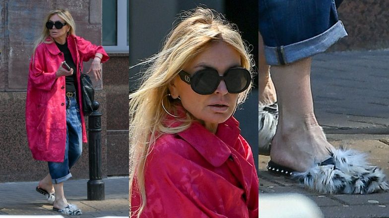 Modnisia Monika Olejnik udaje się na shopping w FUTRZASTYCH klapkach i łypie na śledzących ją paparazzi (ZDJĘCIA)