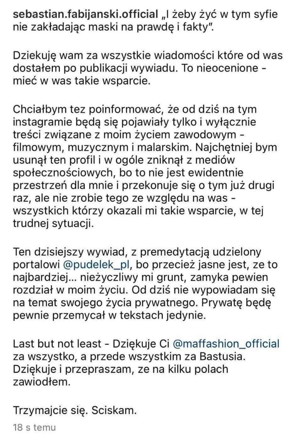 Oświadczenie Sebastiana Fabijańskiego 
