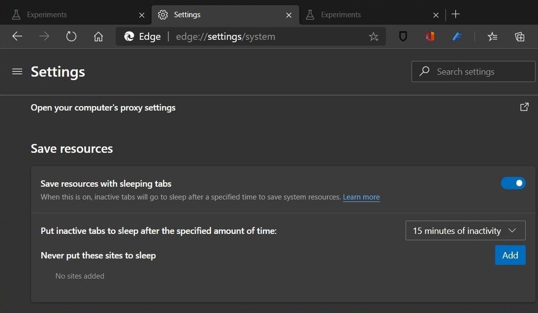 Sleep and discard tabs settings