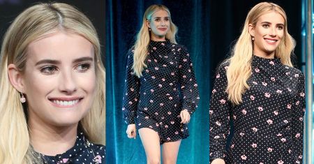Dziewczęca Emma Roberts odsłania nogi w kombinezonie w maki