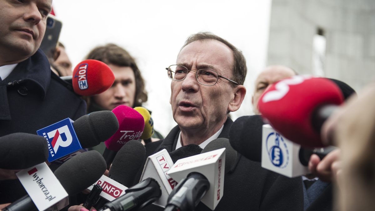 WARSAW, MASOVIAN VOIVODESHIP, POLAND - 2024/02/07: Former Minister of Interior and Administration, Mariusz Kaminski who is released from prison after a second presidential pardon speaks to the media outside the Parliament. Former interior minister, Mariusz Kaminski and his deputy Maciej Wasik were jailed last month after being sentenced for abuse of power for actions taken in 2007, when they served in an earlier Law and Justice-led government and previously led the Central Anti-Corruption Bureau (CBA). They claimed to be "political prisoners" and they also lost their parliamentary mandates.They tried to push their way into parliament, supported by a group of senior Law and Justice (PiS) politicians. President Duda had pardoned both politicians after they were first sentenced in 2015 but Poland's Supreme Court deemed his move invalid, saying a pardon could not be granted before a final ruling in the case was issued. The two politicians were sentenced to two years in prison in December. President Duda pardoned them again in January. (Photo by Attila Husejnow/SOPA Images/LightRocket via Getty Images)