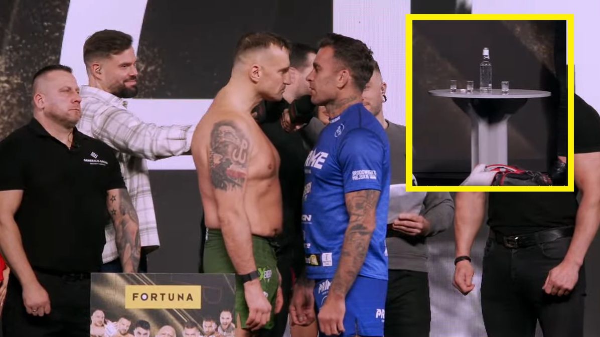 YouTube / Prime Show MMA / Na zdjęciu od lewej: Paweł Jóźwiak i Arkadiusz Tańcula, w ramce stolik Tańculi z alkoholem