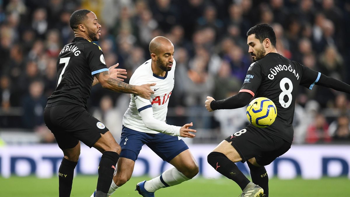 Lucas Moura (w środku), Raheem Sterling (z lewej) i Ilkay Guendogan (z prawej)