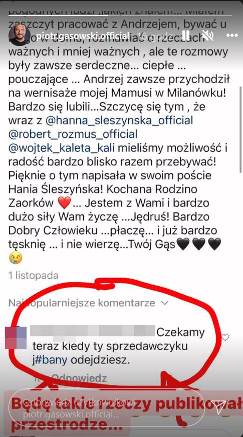Komentarze na profilu P. Gąsowskiego 