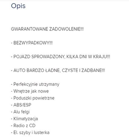 Typowe ogłoszenie z komisu. Duże litery, wykrzykniki oraz lista wyposażenia. Efekt? Brak informacji i niechęć do sięgnięcia po telefon.