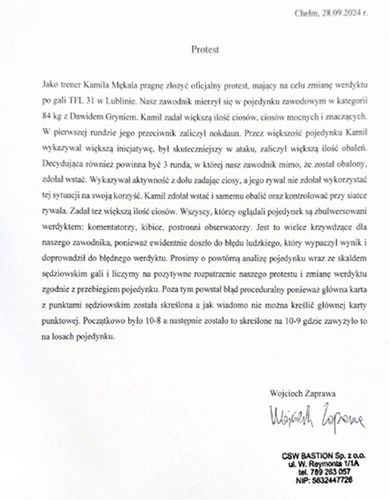 Treść protestu złożonego przez sztab Mękala