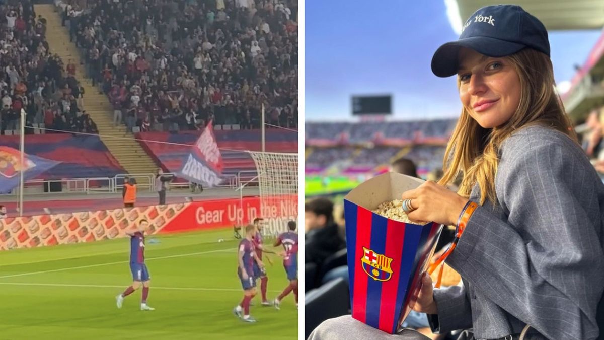 Po lewej: Robert Lewandowski celebruje bramkę, po prawej: Anna Lewandowska na trybunach Camp Nou