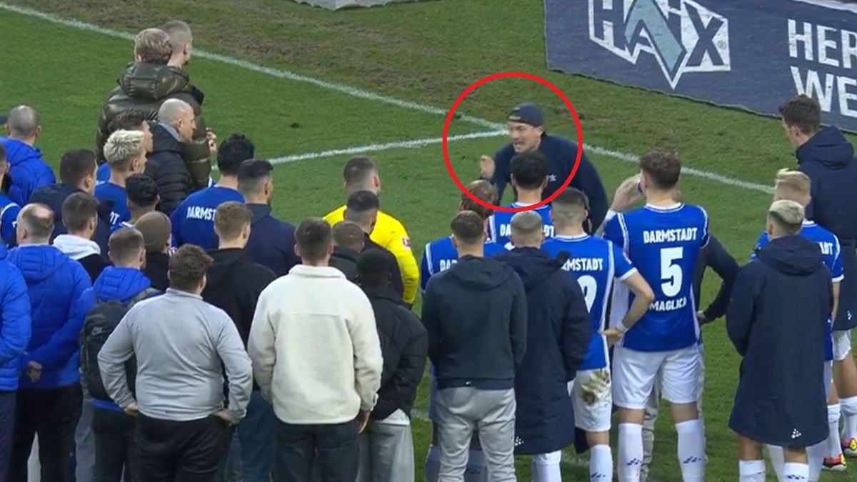 Twitter / ViaplayUrheilu / Na zdjęciu: przemowa lidera ultrasów po meczu Darmstadt 98