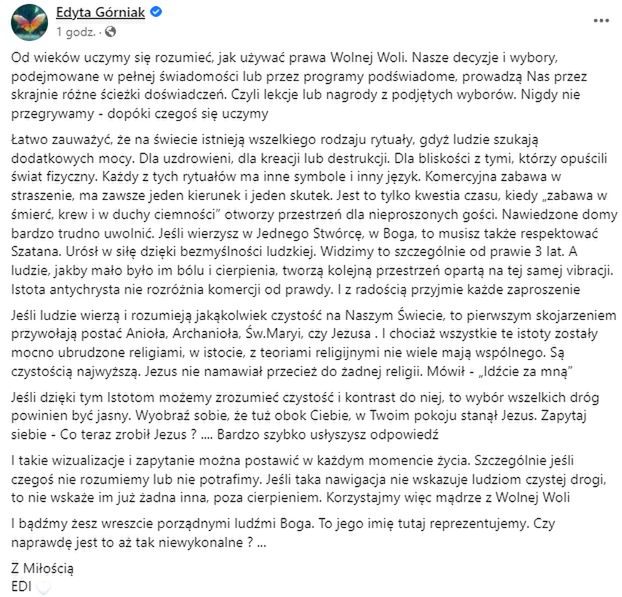 Edyta Górniak z oświadczeniem ws. Halloween