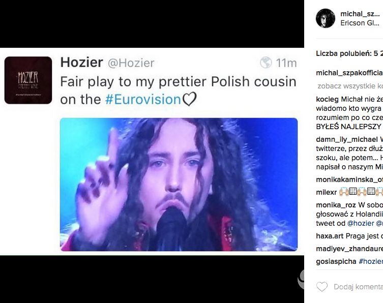Hozier zachwycony Michałem Szpakiem na Eurowizji 2016
