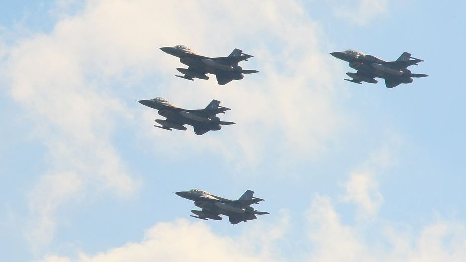 Hellenic Air Force F-16 in the air flying over Thessaloniki, Greece during the celebrations marking Greece's National  (No) Day on 28 October 2020. (Photo by Grigoris Siamidis/NurPhoto via Getty Images)