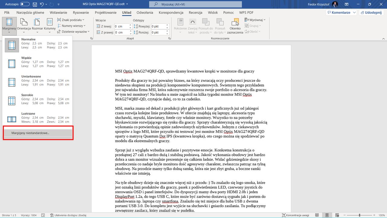 Microsoft Word: Niestandardowe marginesy