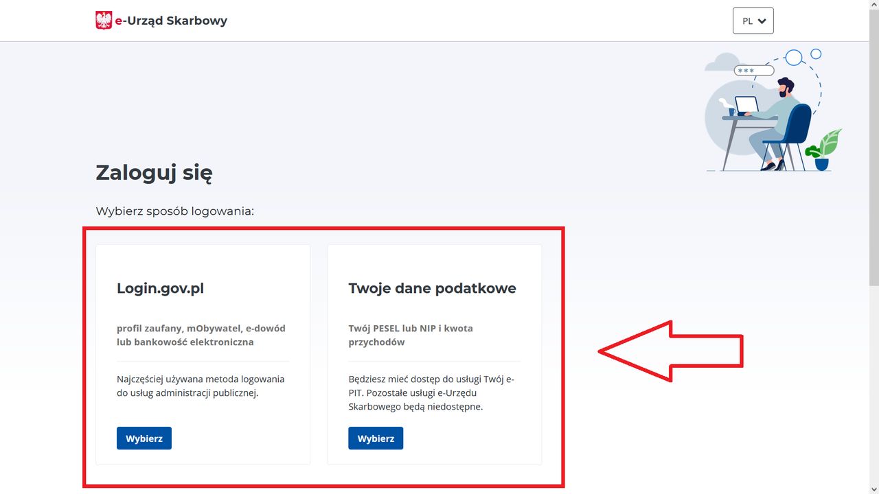 Twój e-PIT - wybór sposobu logowania