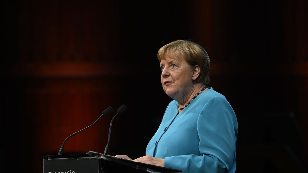 LISBON, PORTUGAL - JULY 09: The former German Chancellor Angela Merkel, President of the Gulbenkian Prize for Humanity jury, delivers remarks onstage at Calouste Gulbenkian Foundation on occasion of the presentation of 2025 Gulbenkian Prize for Humanity awarded to the Antarctic and Southern Ocean Coalition (ASOC) in recognition of their work protecting one of the world’s most climate sensitive regions on July 09, 2025 in Lisbon, Portugal. The Calouste Gulbenkian Prize for Humanity, which honors exceptional contributions and solutions to combat climate change, received a record number of entries for the 2025 edition, with nominations from all over the world. The prize, worth one million euros, rewards outstanding contributions to climate action and climate solutions that inspire hope and new possibilities. The winner of the Prize is selected by an independent jury, chaired by former German chancellor Angela Merkel and made up of experts in earth system science, climate action, environmentalism and climate justice, from the scientific, technological, political and cultural fields. (Photo by Horacio Villalobos#Corbis/Corbis via Getty Images)