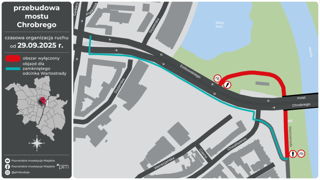 Poznań: Przebudowa Mostu Chrobrego. Pierwsze zmiany w organizacji ruchu od poniedziałku