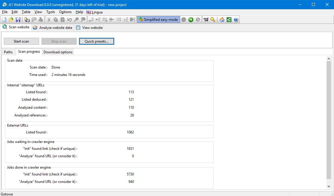 Widok postępu skanowania na bieżąco informuje o liczbie przeanalizowanych elementów pobieranej witryny