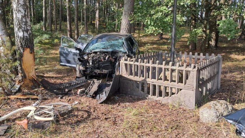 Uszkodzony samochód osobowy stoi w lesie obok drewnianego ogrodzenia, z otwartymi drzwiami i uszkodzoną maską.