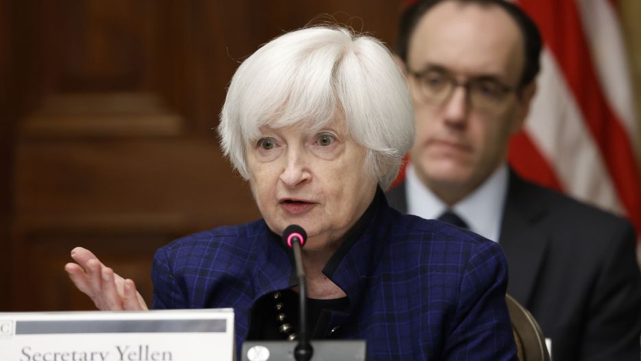 Janet Yellen, US Treasury secretary, speaks during a Financial Stability Oversight Council (FSOC) meeting at the Treasury Department in Washington, DC, US, on Friday, Dec. 16, 2022. US stocks continued to drop today as latest data indicated that the Federal Reserve's aggressive tightening is hitting the economy, with investors concerned that the central bank's resolve to keep raising rates could tip the economy into a recession. Photographer: Ting Shen/Bloomberg via Getty Images