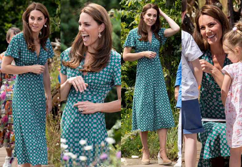 Urocza Księżna Kate w szmizjerce za 1300 złotych pomaga dzieciom szukać skarbu ogrodzie