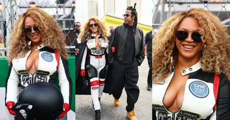Beyonce w rozpiętym kombinezonie świeci dekoltem na Grand Prix F1 w Las Vegas (ZDJĘCIA)