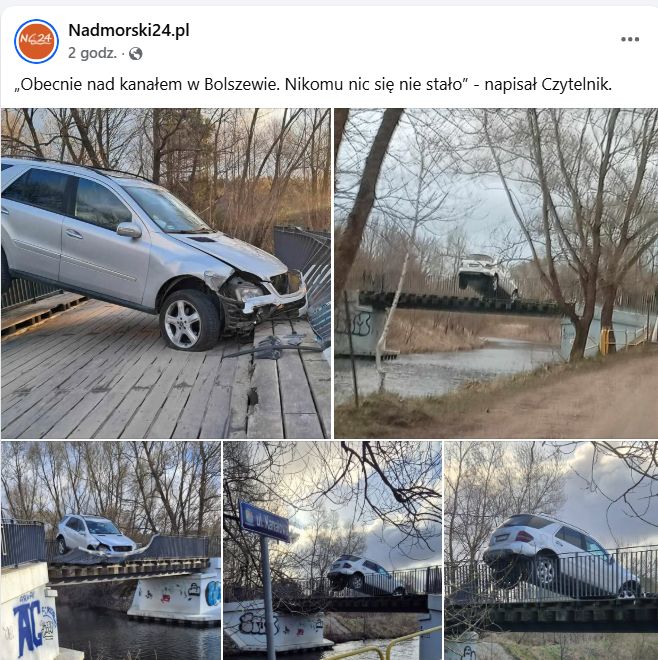 Samochód zawisł na moście w miejscowości Bolszewo