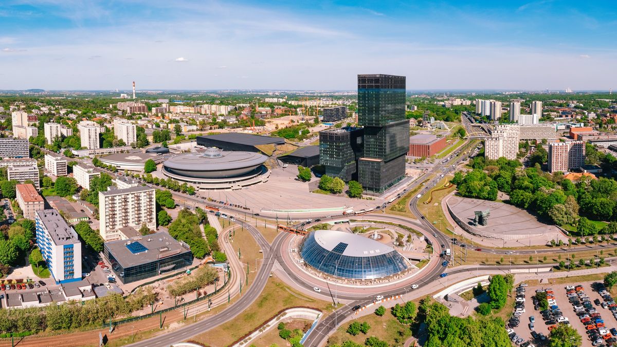 katowice, miasto, spodek, biurowiec
