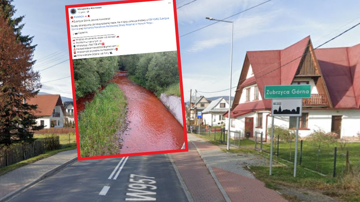 Rzeka w Zubrzycy Górnej zmieniła kolor na czerwony