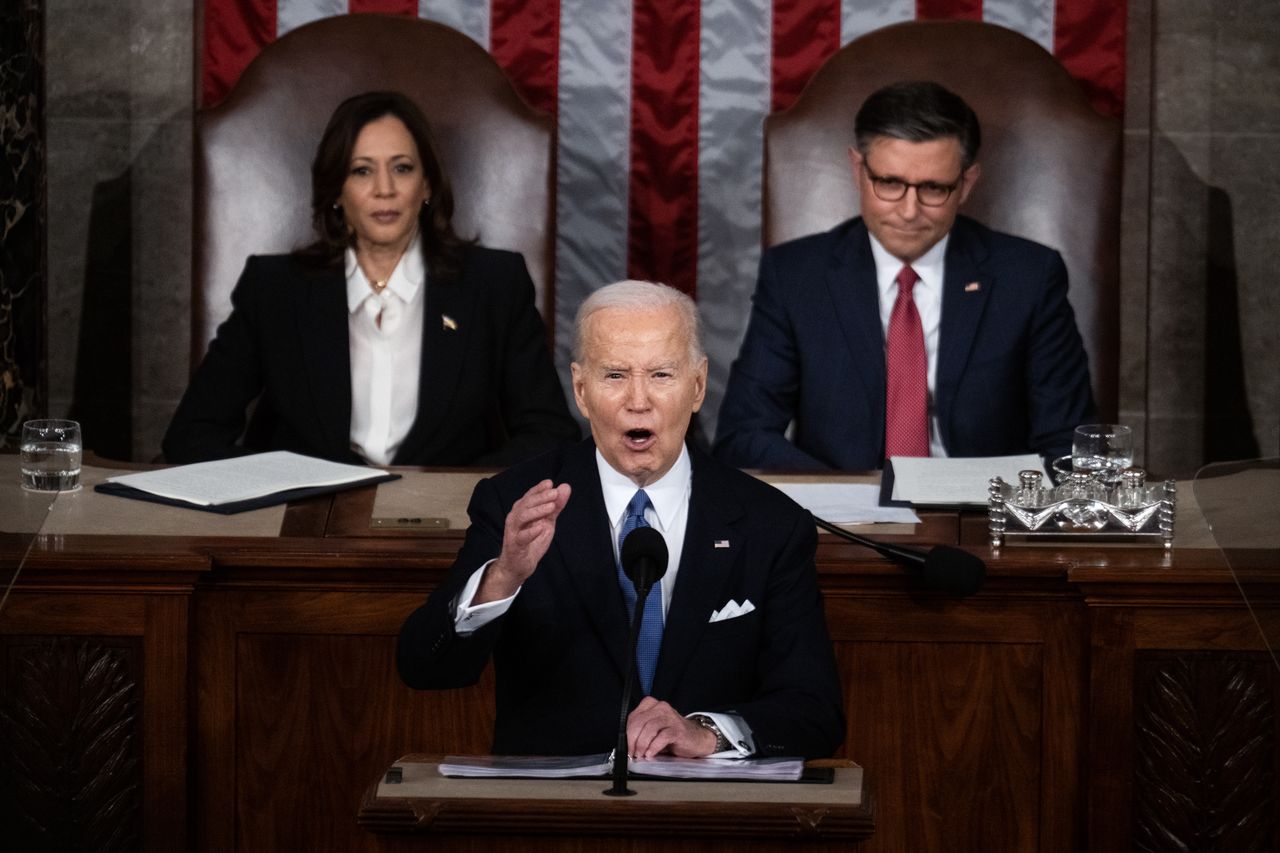 UNITED STATES - MARCH 7: President Joe Biden delivers his State of the Union address in the House Chamber of the U.S. Capitol as Vice President Kamala Harris and Speaker of the House Mike Johnson, R-La., look on, on Thursday, March 7, 2024. (Tom Williams/CQ-Roll Call, Inc via Getty Images)