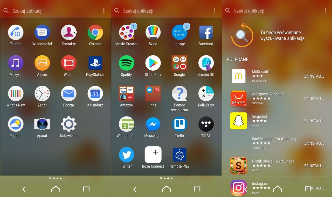 Sony Xperia XZ1 - zakładka z aplikacjami (app drawer)