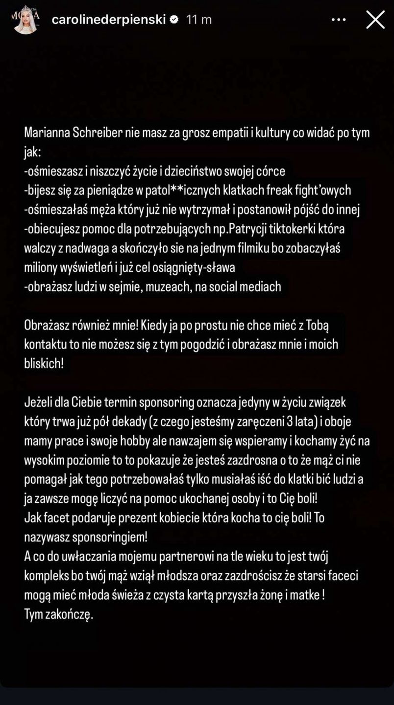 Caroline Derpienski ostro odpowiada Mariannie Schreiber