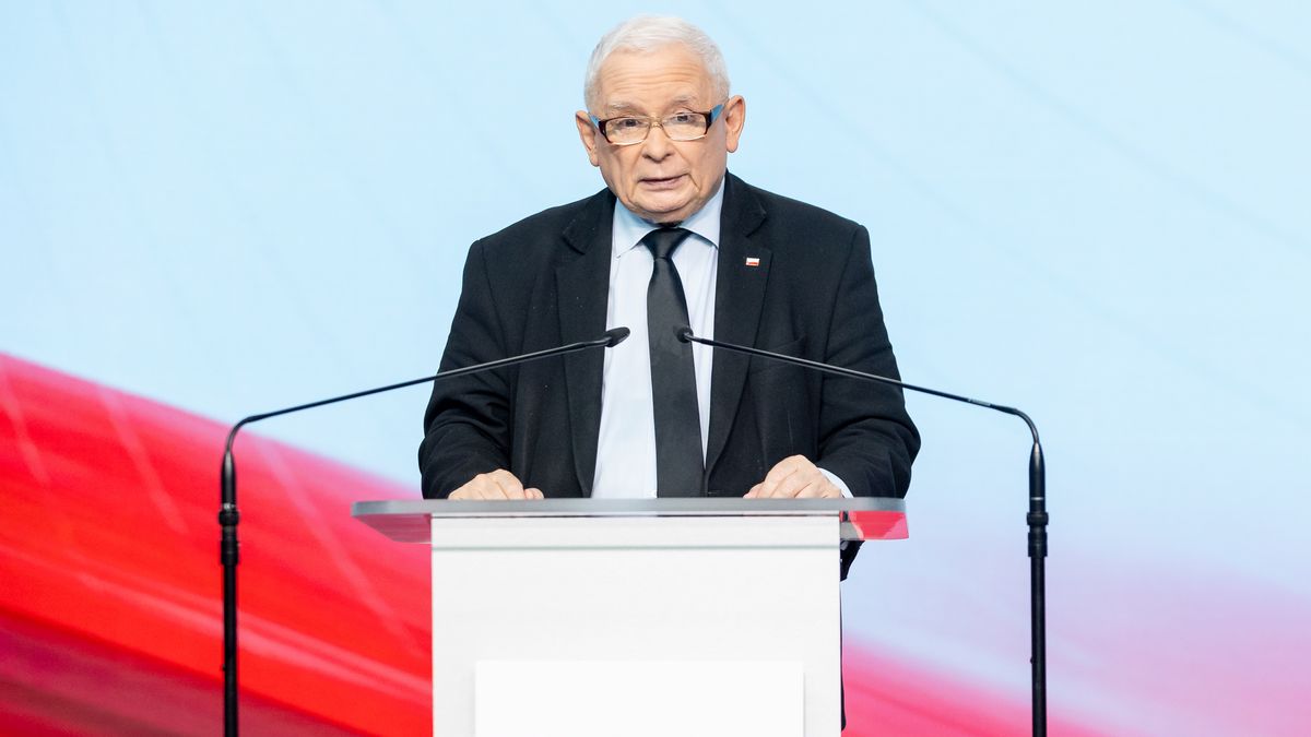 Jaroslaw Kaczynski, the leader of the right-wing Law and Justice (PiS) party, is speaking during a press conference in Warsaw, Poland, on July 02, 2024. (Photo by Foto Olimpik/NurPhoto via Getty Images)