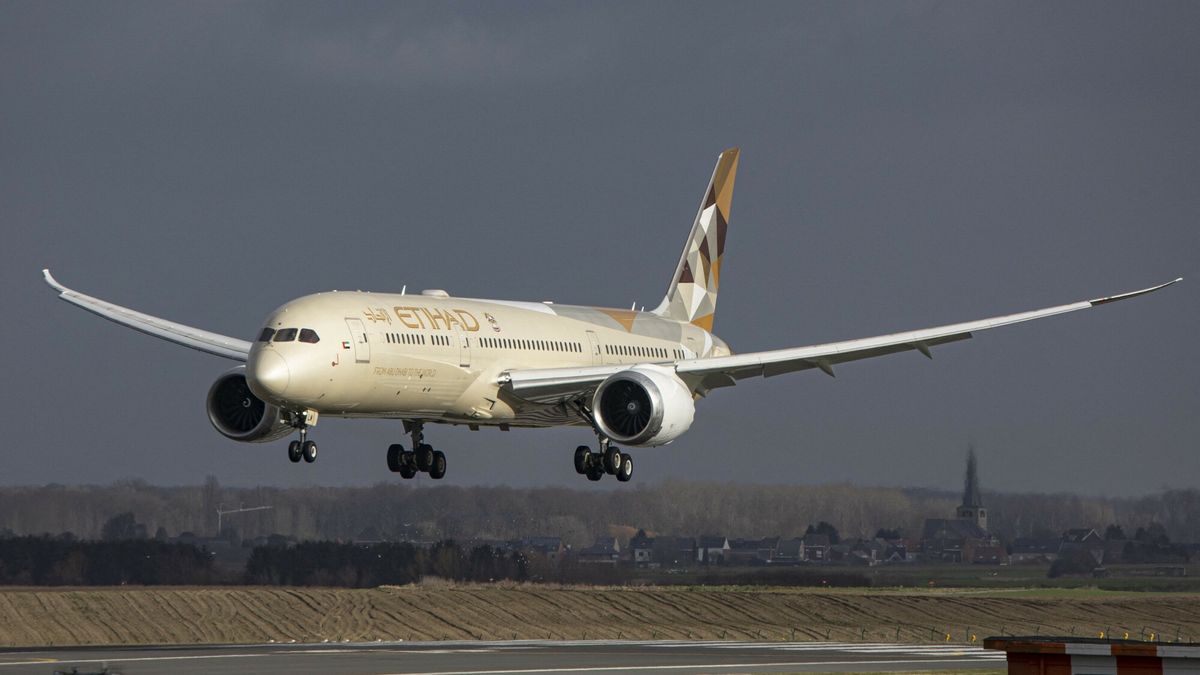 arch49
Etihad Airways Boeing 787-9 Dreamliner aircraft as seen on final approach flying, landing and taxiing at the Belgian capital, Brussels Airport Zaventem BRU. The  Boeing B787 modern and advanced wide-body passenger airplane has the registration A6-BLW and is powered by 2x GE jet engines. The plane is arriving at the European city from Abu Dhabi. Etihad is the second flag carrier of the United Arab Emirates UAE. The aviation industry and passenger traffic are phasing a difficult period with the Covid-19 coronavirus pandemic having a negative impact on the travel business industry with fears of the worsening situation due to the new Omicron variant mutation at the fifth wave. Brussels, Belgium on January 30, 2022 (Photo by Nicolas Economou/NurPhoto) (Photo by Nicolas Economou / NurPhoto / NurPhoto via AFP)
NICOLAS ECONOMOU