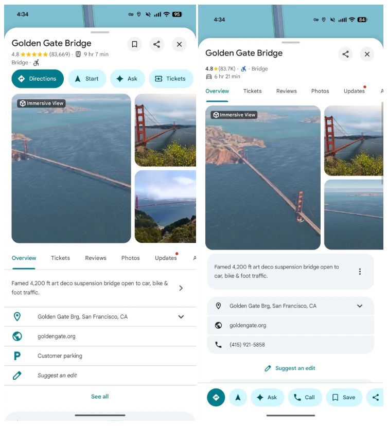 Interfejs Maps przed i po zmianach